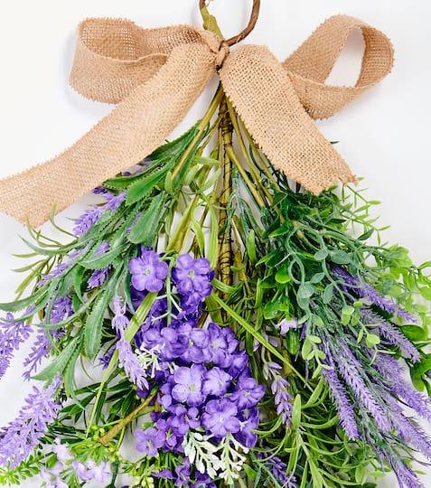 32" Artificial Spring Lavender & Green Leaves Teardrop Swag
